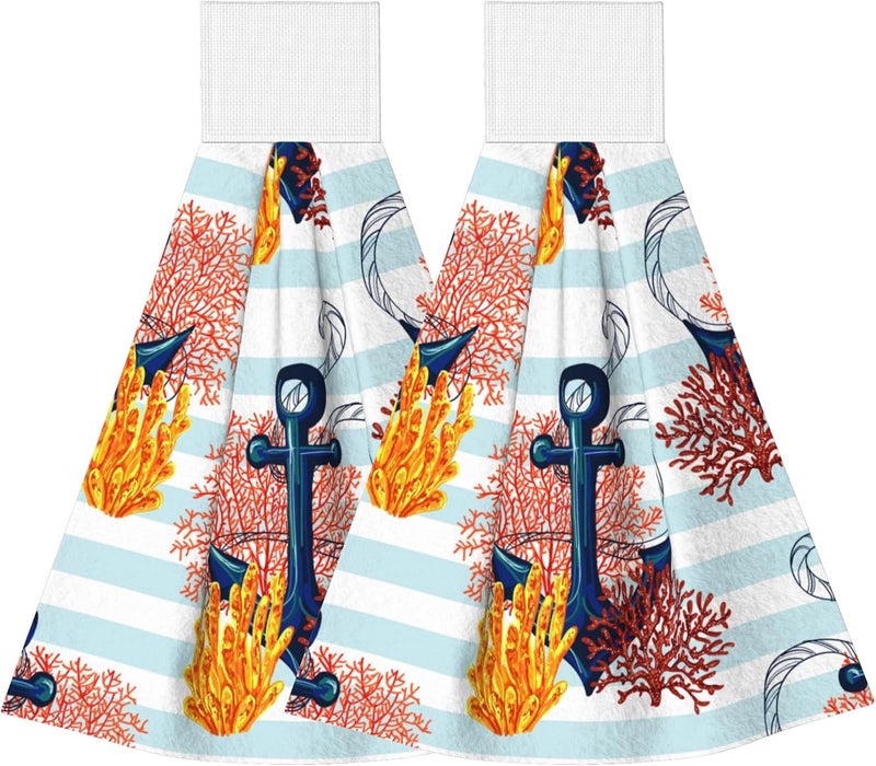 PDDCWAY Anchor Hanging Hand Towels 2 Pcs Absorbent Nautical Blue White Stripe Hand Towels Sea Coral Hanging Kitchen Towels Soft Breathable Anchors Fingertip Towel for Bathroom Kitchen Hotel Spa Decor Gift - Image 1